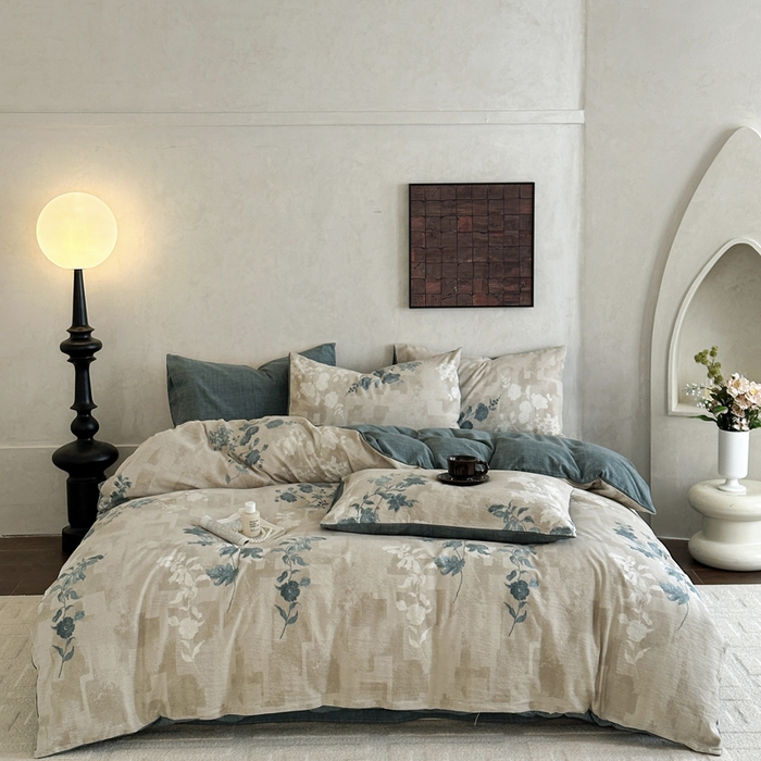 91家纺网 家纺一手货源 找家纺 （总）桔禾家纺 2026新款提花高克重原麻复古水洗亚麻皱皱纱印花四件套