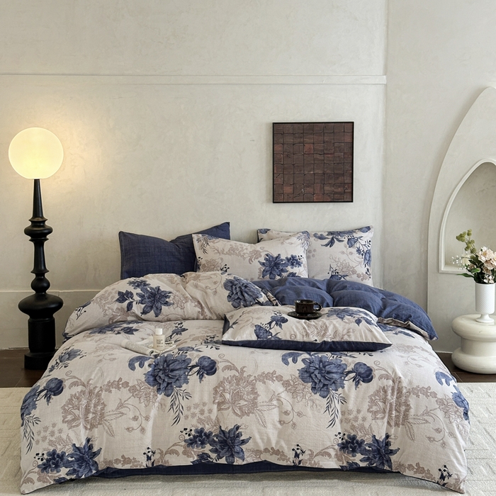 91家纺网 家纺一手货源 找家纺 （总）桔禾家纺 2026新款提花高克重原麻复古水洗亚麻皱皱纱印花四件套