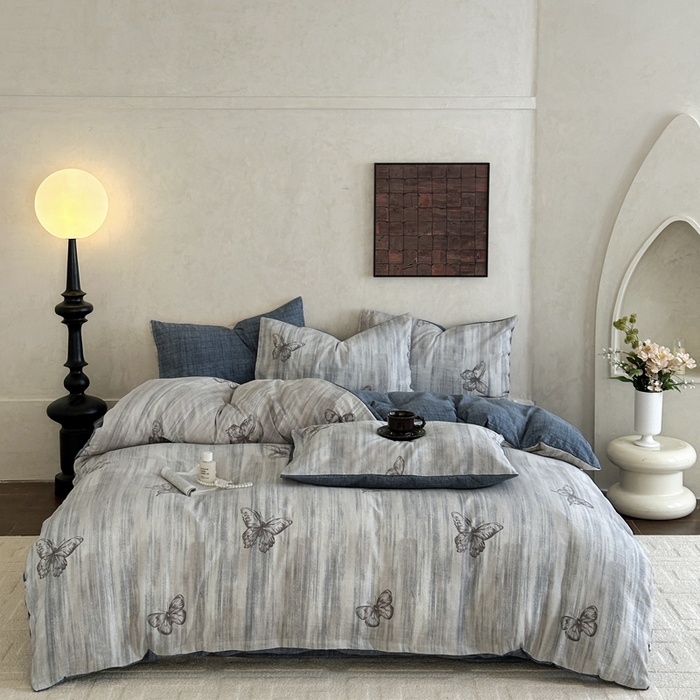 91家纺网 家纺一手货源 找家纺 （总）桔禾家纺 2026新款提花高克重原麻复古水洗亚麻皱皱纱印花四件套