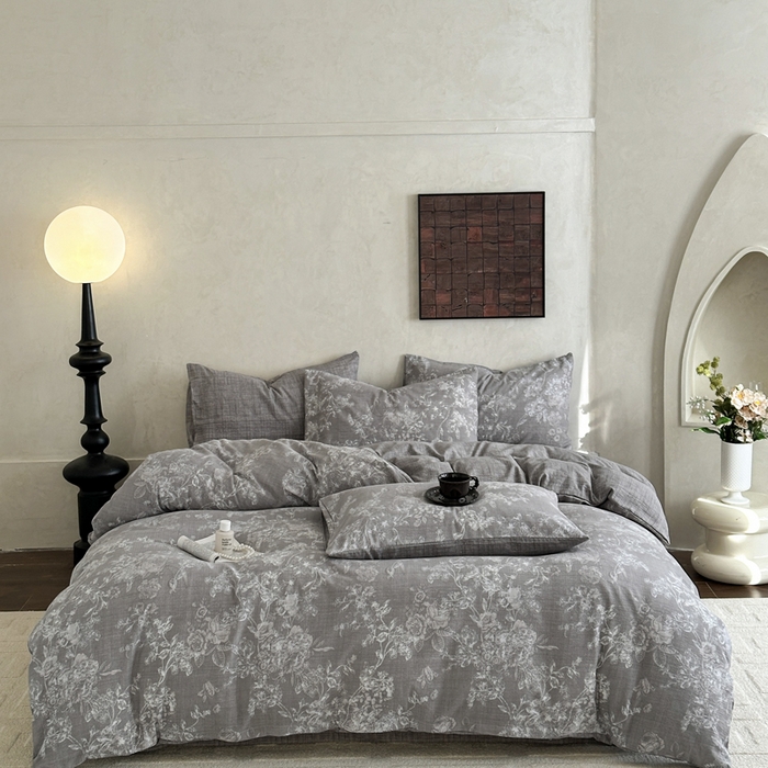 91家纺网 家纺一手货源 找家纺 （总）桔禾家纺 2026新款提花高克重原麻复古水洗亚麻皱皱纱印花四件套