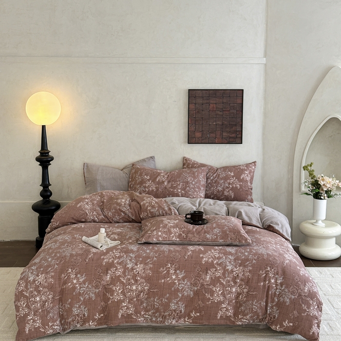 91家纺网 家纺一手货源 找家纺 （总）桔禾家纺 2026新款提花高克重原麻复古水洗亚麻皱皱纱印花四件套