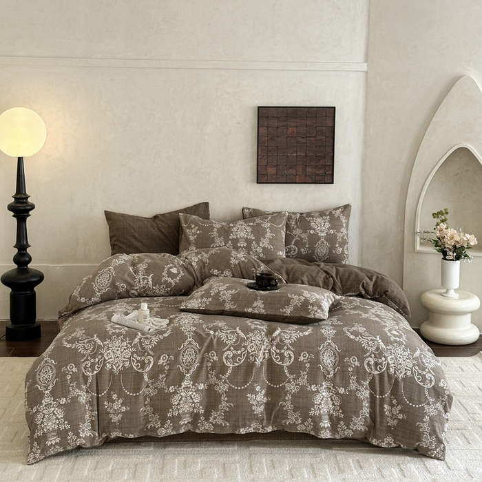 桔禾家纺 2026新款提花高克重原麻复古水洗亚麻皱皱纱印花四件套 安岚