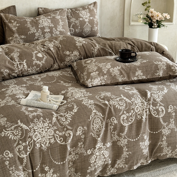 91家纺网 家纺一手货源 找家纺 桔禾家纺 2026新款提花高克重原麻复古水洗亚麻皱皱纱印花四件套 安岚