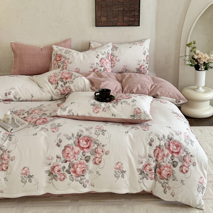 91家纺网 家纺一手货源 找家纺 桔禾家纺 2026新款提花高克重原麻复古水洗亚麻皱皱纱印花四件套 禾下