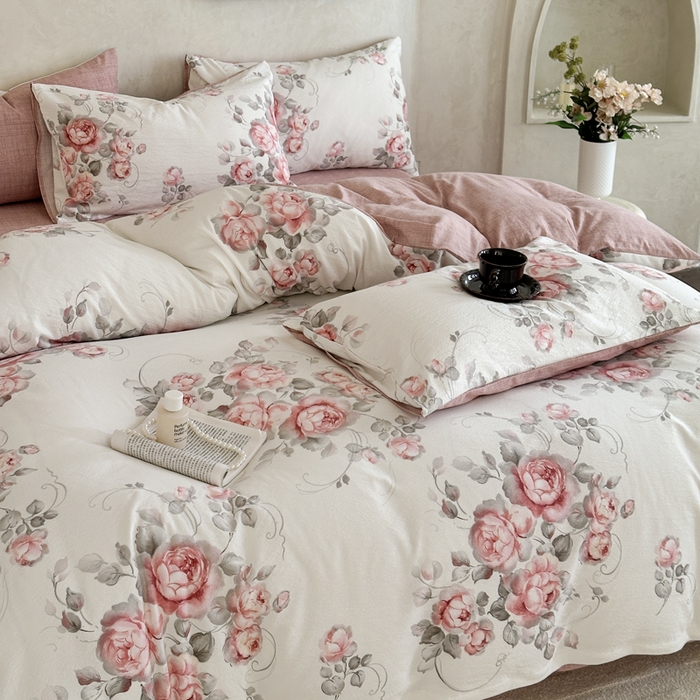 91家纺网 家纺一手货源 找家纺 桔禾家纺 2026新款提花高克重原麻复古水洗亚麻皱皱纱印花四件套 禾下