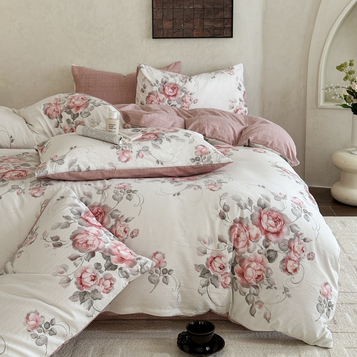 91家纺网 家纺一手货源 找家纺 桔禾家纺 2026新款提花高克重原麻复古水洗亚麻皱皱纱印花四件套 禾下