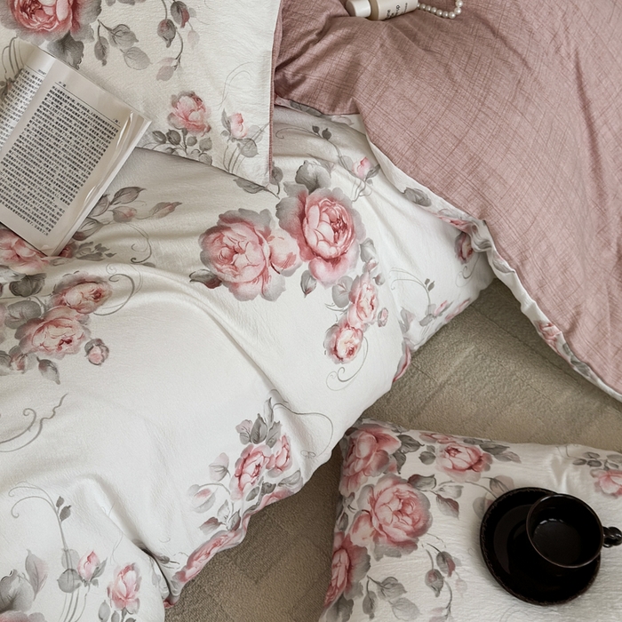 91家纺网 家纺一手货源 找家纺 桔禾家纺 2026新款提花高克重原麻复古水洗亚麻皱皱纱印花四件套 禾下