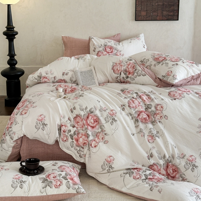 91家纺网 家纺一手货源 找家纺 桔禾家纺 2026新款提花高克重原麻复古水洗亚麻皱皱纱印花四件套 禾下