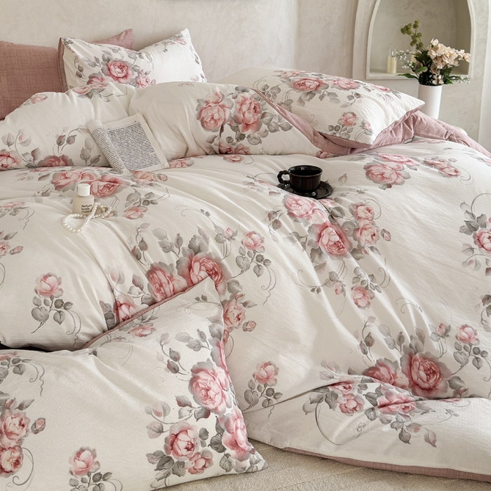 91家纺网 家纺一手货源 找家纺 桔禾家纺 2026新款提花高克重原麻复古水洗亚麻皱皱纱印花四件套 禾下