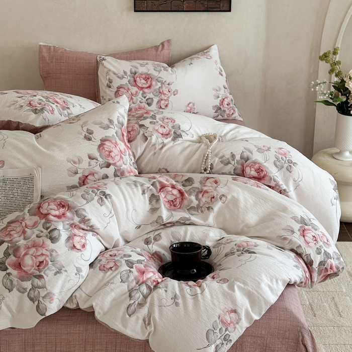 91家纺网 家纺一手货源 找家纺 桔禾家纺 2026新款提花高克重原麻复古水洗亚麻皱皱纱印花四件套 禾下