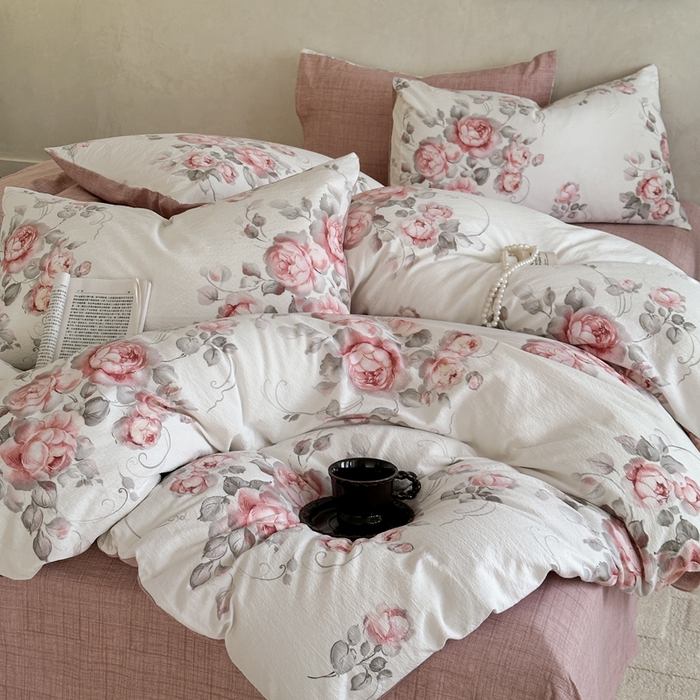 91家纺网 家纺一手货源 找家纺 桔禾家纺 2026新款提花高克重原麻复古水洗亚麻皱皱纱印花四件套 禾下