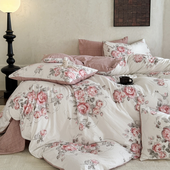 91家纺网 家纺一手货源 找家纺 桔禾家纺 2026新款提花高克重原麻复古水洗亚麻皱皱纱印花四件套 禾下