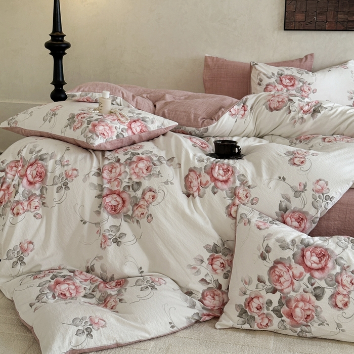 91家纺网 家纺一手货源 找家纺 桔禾家纺 2026新款提花高克重原麻复古水洗亚麻皱皱纱印花四件套 禾下