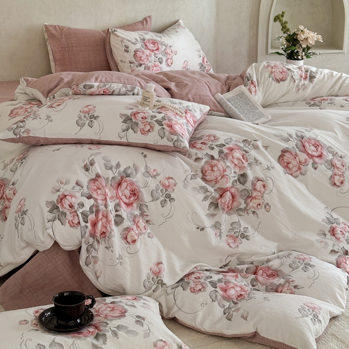 91家纺网 家纺一手货源 找家纺 桔禾家纺 2026新款提花高克重原麻复古水洗亚麻皱皱纱印花四件套 禾下