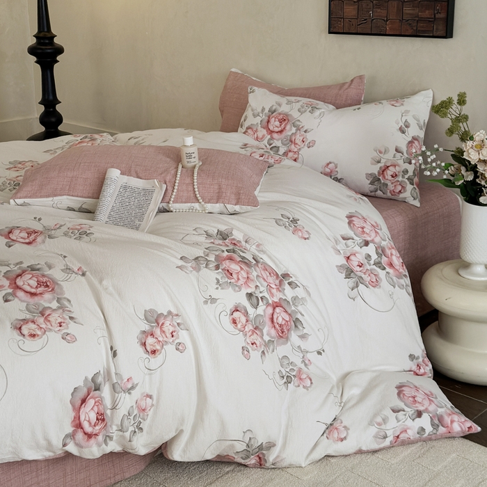 91家纺网 家纺一手货源 找家纺 桔禾家纺 2026新款提花高克重原麻复古水洗亚麻皱皱纱印花四件套 禾下