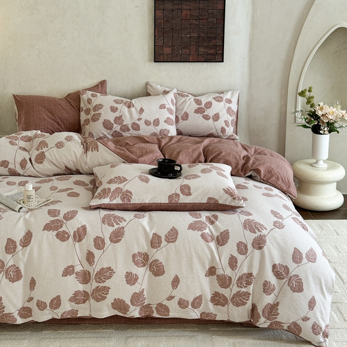 91家纺网 家纺一手货源 找家纺 桔禾家纺 2026新款提花高克重原麻复古水洗亚麻皱皱纱印花四件套 花曦