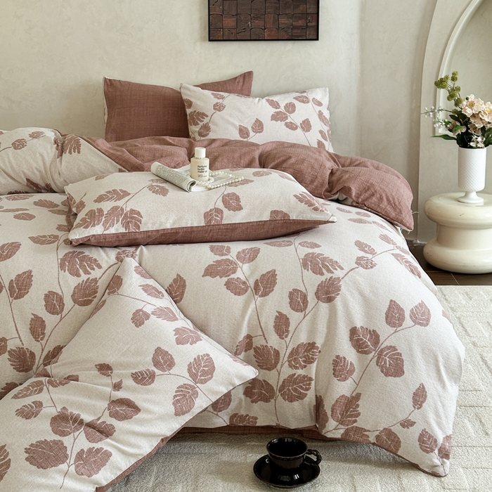 91家纺网 家纺一手货源 找家纺 桔禾家纺 2026新款提花高克重原麻复古水洗亚麻皱皱纱印花四件套 花曦