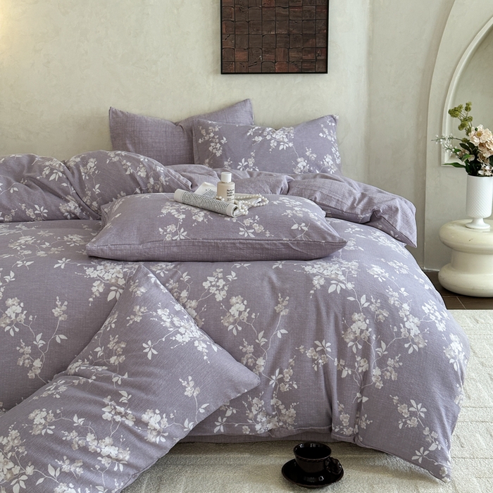 91家纺网 家纺一手货源 找家纺 桔禾家纺 2026新款提花高克重原麻复古水洗亚麻皱皱纱印花四件套 锦时