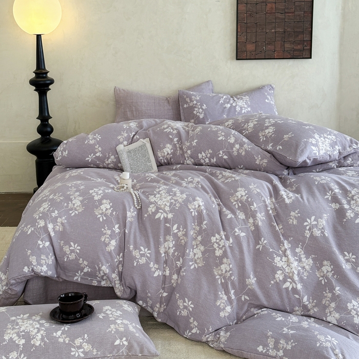 91家纺网 家纺一手货源 找家纺 桔禾家纺 2026新款提花高克重原麻复古水洗亚麻皱皱纱印花四件套 锦时