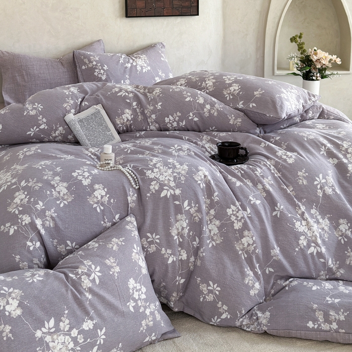 91家纺网 家纺一手货源 找家纺 桔禾家纺 2026新款提花高克重原麻复古水洗亚麻皱皱纱印花四件套 锦时