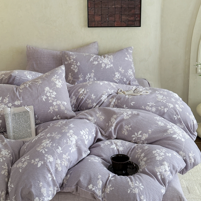 91家纺网 家纺一手货源 找家纺 桔禾家纺 2026新款提花高克重原麻复古水洗亚麻皱皱纱印花四件套 锦时