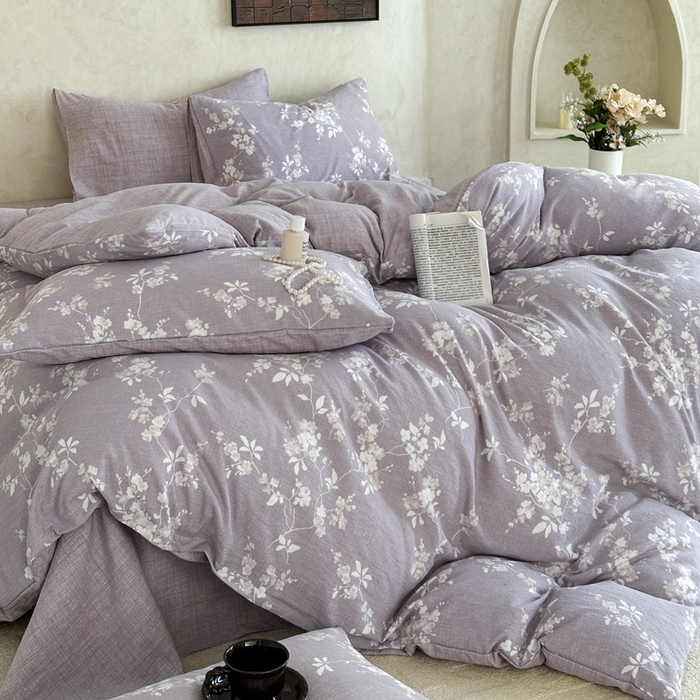 91家纺网 家纺一手货源 找家纺 桔禾家纺 2026新款提花高克重原麻复古水洗亚麻皱皱纱印花四件套 锦时