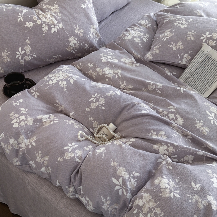 91家纺网 家纺一手货源 找家纺 桔禾家纺 2026新款提花高克重原麻复古水洗亚麻皱皱纱印花四件套 锦时