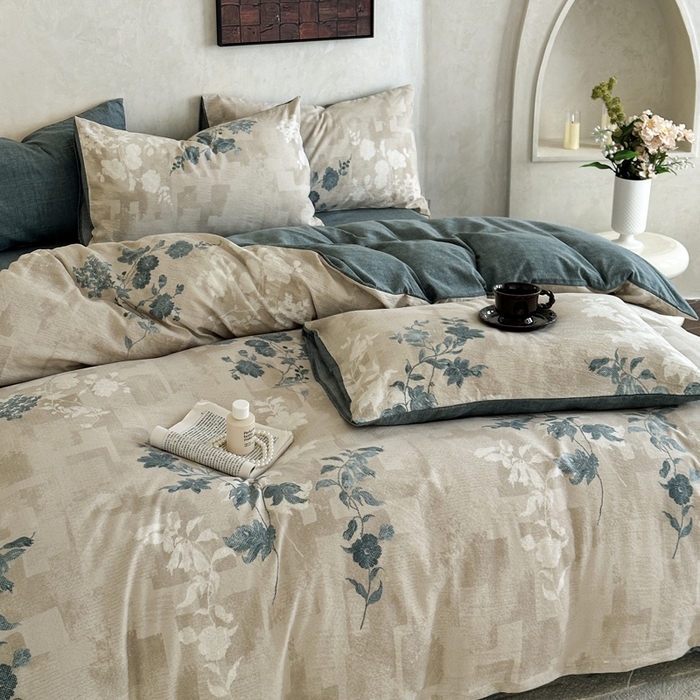 91家纺网 家纺一手货源 找家纺 桔禾家纺 2026新款提花高克重原麻复古水洗亚麻皱皱纱印花四件套 锦韵