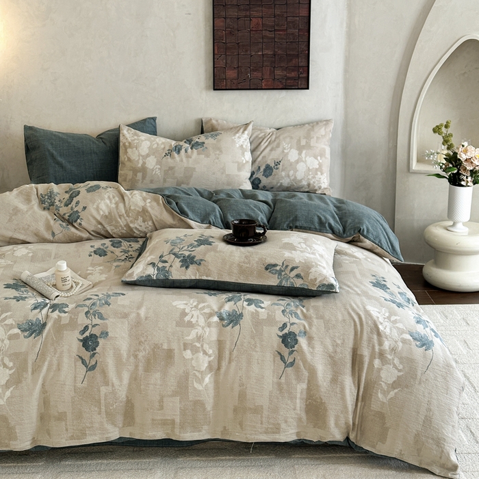 91家纺网 家纺一手货源 找家纺 桔禾家纺 2026新款提花高克重原麻复古水洗亚麻皱皱纱印花四件套 锦韵