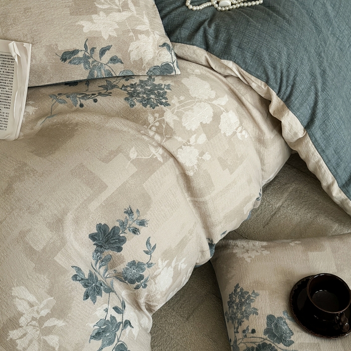 91家纺网 家纺一手货源 找家纺 桔禾家纺 2026新款提花高克重原麻复古水洗亚麻皱皱纱印花四件套 锦韵