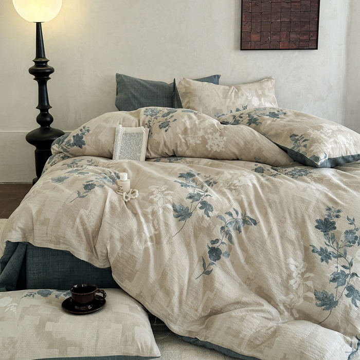 91家纺网 家纺一手货源 找家纺 桔禾家纺 2026新款提花高克重原麻复古水洗亚麻皱皱纱印花四件套 锦韵