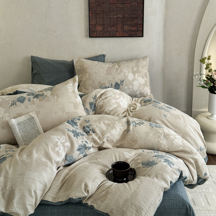 91家纺网 家纺一手货源 找家纺 桔禾家纺 2026新款提花高克重原麻复古水洗亚麻皱皱纱印花四件套 锦韵