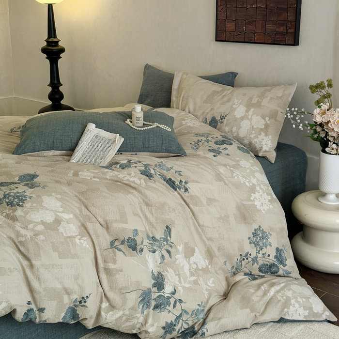 91家纺网 家纺一手货源 找家纺 桔禾家纺 2026新款提花高克重原麻复古水洗亚麻皱皱纱印花四件套 锦韵