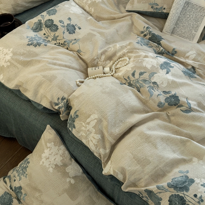 91家纺网 家纺一手货源 找家纺 桔禾家纺 2026新款提花高克重原麻复古水洗亚麻皱皱纱印花四件套 锦韵