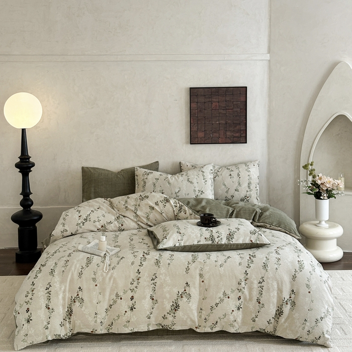 桔禾家纺 2026新款提花高克重原麻复古水洗亚麻皱皱纱印花四件套 境素