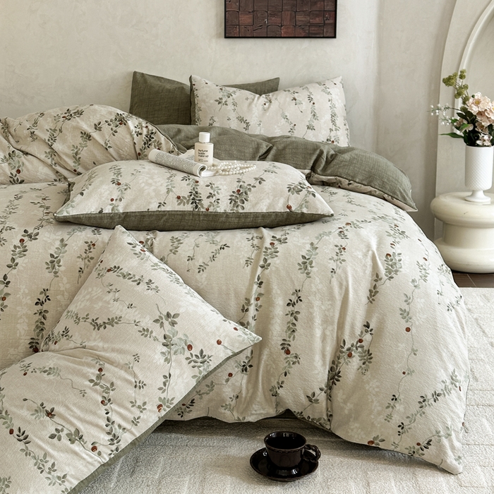 91家纺网 家纺一手货源 找家纺 桔禾家纺 2026新款提花高克重原麻复古水洗亚麻皱皱纱印花四件套 境素