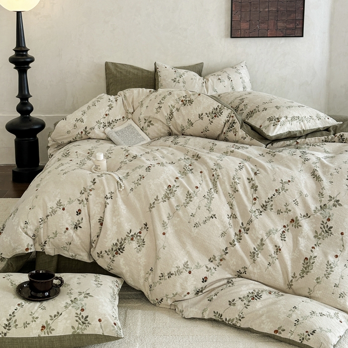 91家纺网 家纺一手货源 找家纺 桔禾家纺 2026新款提花高克重原麻复古水洗亚麻皱皱纱印花四件套 境素