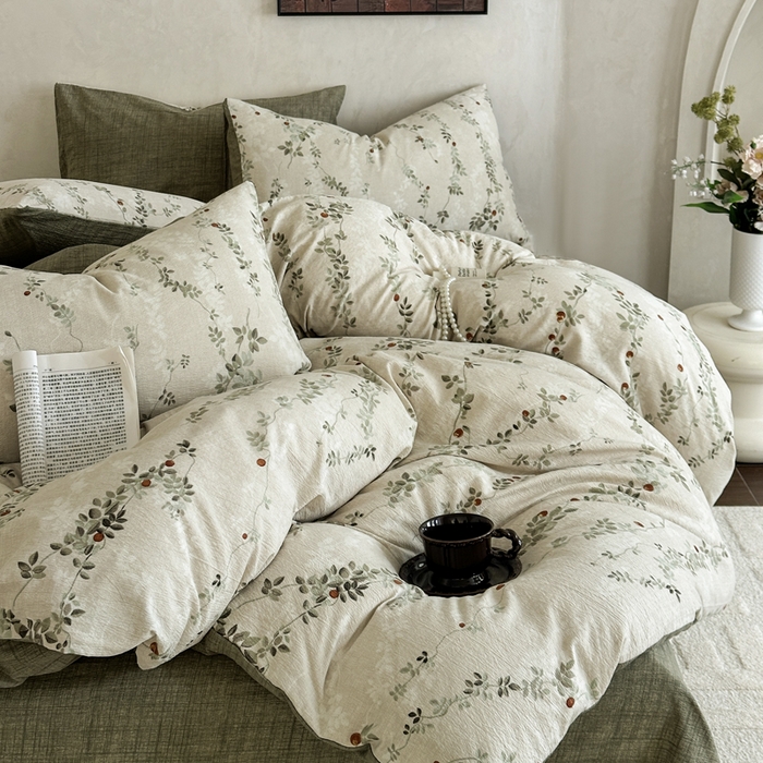 91家纺网 家纺一手货源 找家纺 桔禾家纺 2026新款提花高克重原麻复古水洗亚麻皱皱纱印花四件套 境素