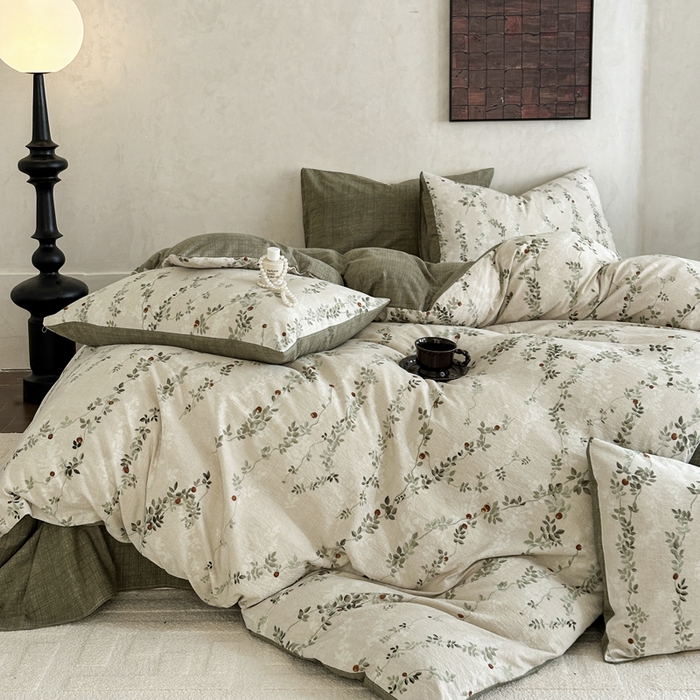 91家纺网 家纺一手货源 找家纺 桔禾家纺 2026新款提花高克重原麻复古水洗亚麻皱皱纱印花四件套 境素