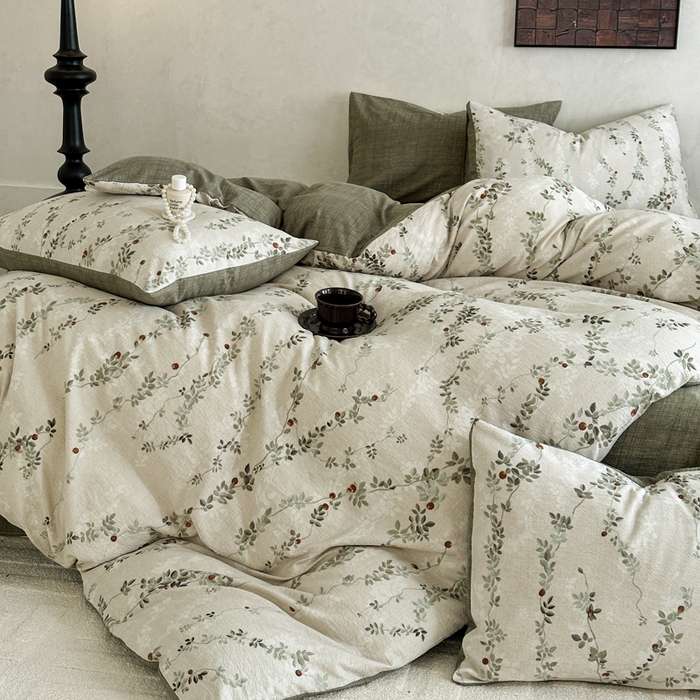 91家纺网 家纺一手货源 找家纺 桔禾家纺 2026新款提花高克重原麻复古水洗亚麻皱皱纱印花四件套 境素