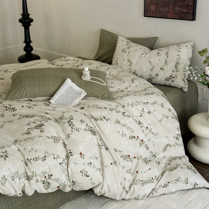 91家纺网 家纺一手货源 找家纺 桔禾家纺 2026新款提花高克重原麻复古水洗亚麻皱皱纱印花四件套 境素