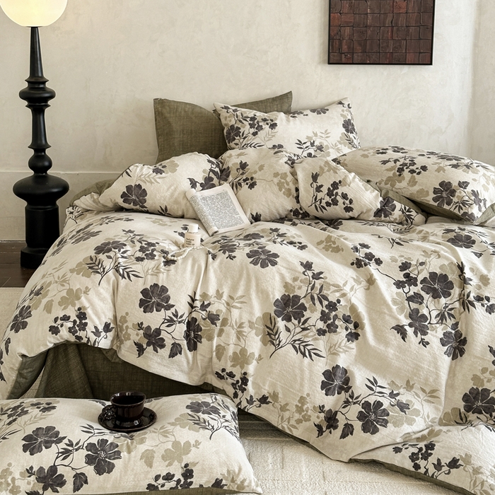 91家纺网 家纺一手货源 找家纺 桔禾家纺 2026新款提花高克重原麻复古水洗亚麻皱皱纱印花四件套 绿幸