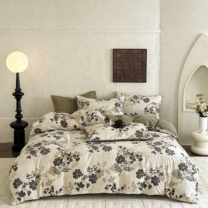 桔禾家纺 2026新款提花高克重原麻复古水洗亚麻皱皱纱印花四件套 绿幸