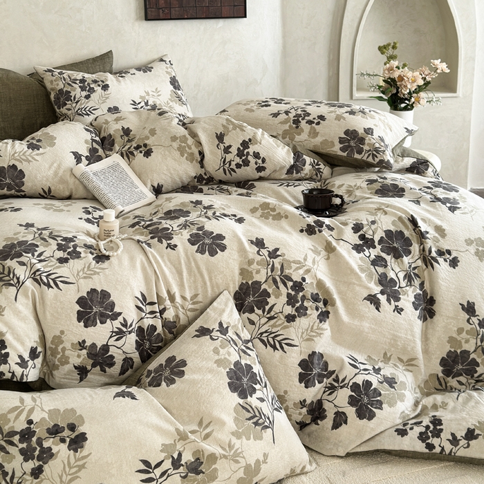 91家纺网 家纺一手货源 找家纺 桔禾家纺 2026新款提花高克重原麻复古水洗亚麻皱皱纱印花四件套 绿幸