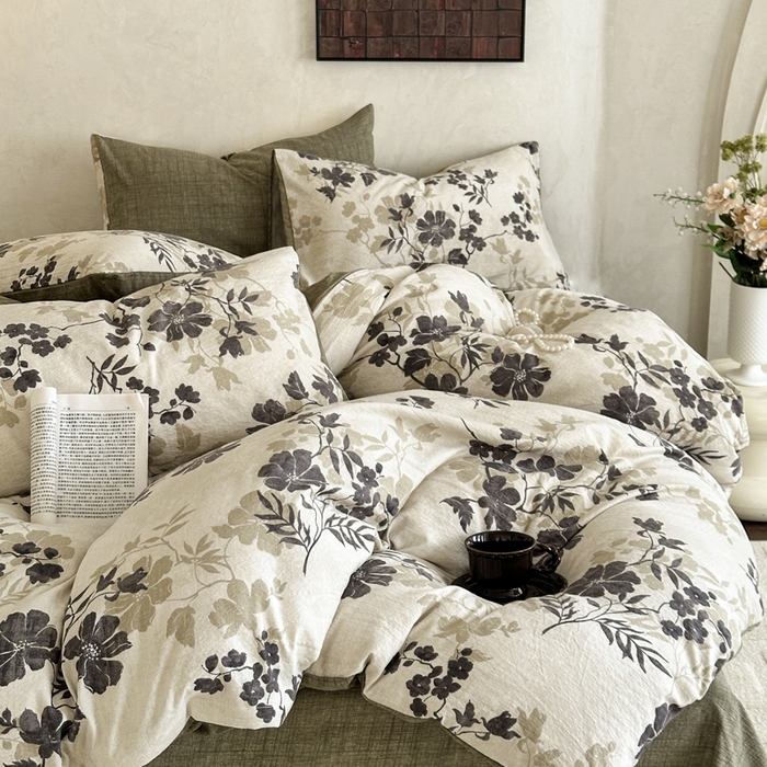 91家纺网 家纺一手货源 找家纺 桔禾家纺 2026新款提花高克重原麻复古水洗亚麻皱皱纱印花四件套 绿幸