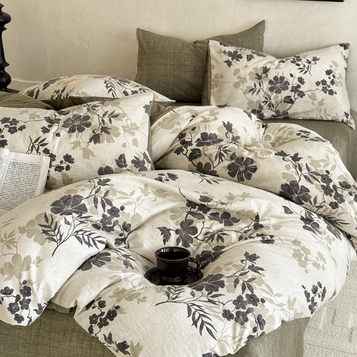 91家纺网 家纺一手货源 找家纺 桔禾家纺 2026新款提花高克重原麻复古水洗亚麻皱皱纱印花四件套 绿幸