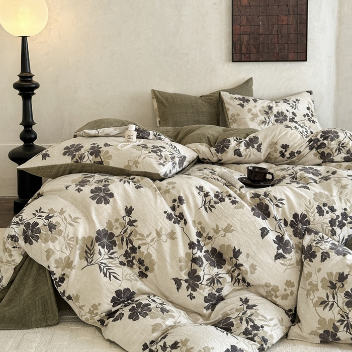 91家纺网 家纺一手货源 找家纺 桔禾家纺 2026新款提花高克重原麻复古水洗亚麻皱皱纱印花四件套 绿幸