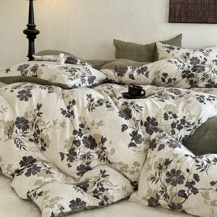 91家纺网 家纺一手货源 找家纺 桔禾家纺 2026新款提花高克重原麻复古水洗亚麻皱皱纱印花四件套 绿幸