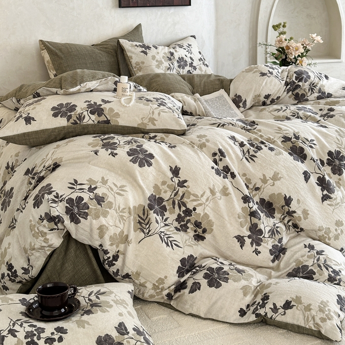 91家纺网 家纺一手货源 找家纺 桔禾家纺 2026新款提花高克重原麻复古水洗亚麻皱皱纱印花四件套 绿幸