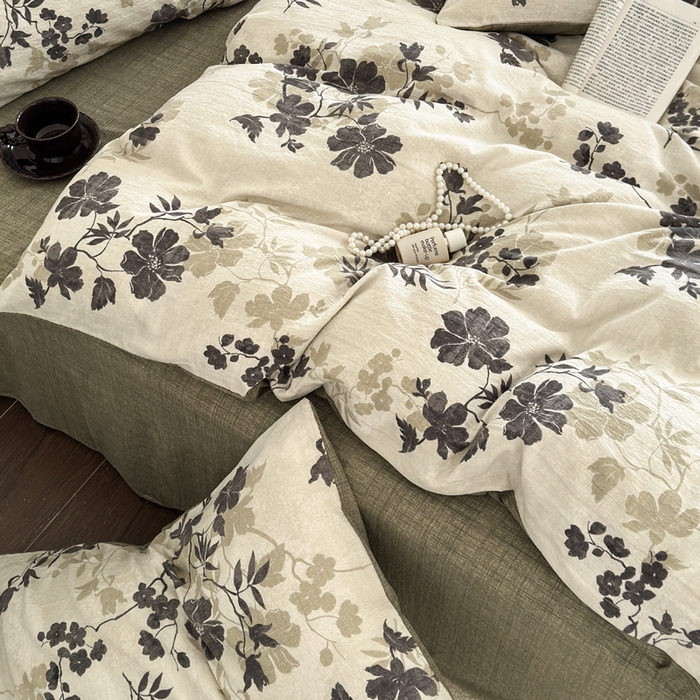 91家纺网 家纺一手货源 找家纺 桔禾家纺 2026新款提花高克重原麻复古水洗亚麻皱皱纱印花四件套 绿幸